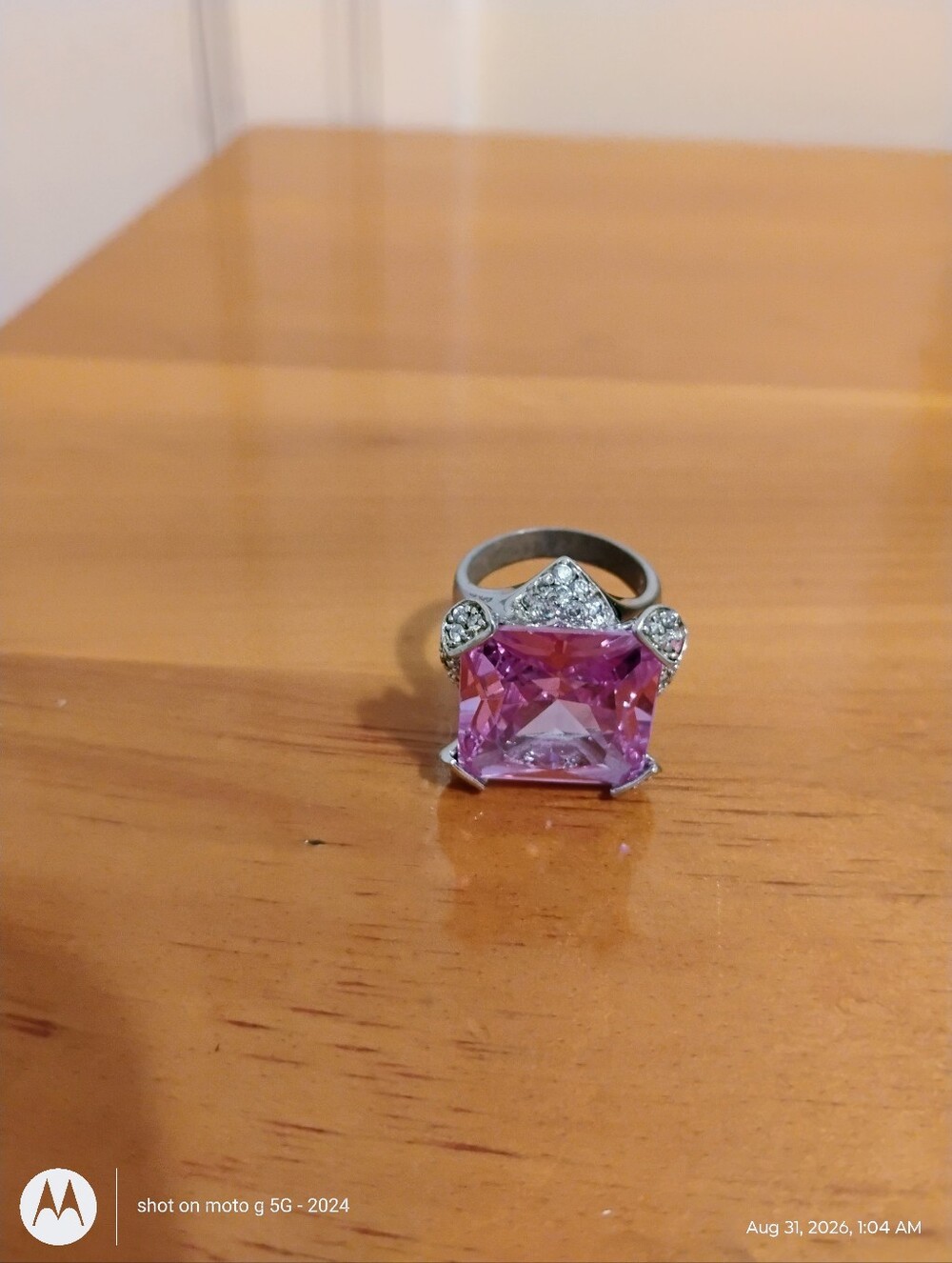 Pink Crystal Statement Ring - Silver Tone